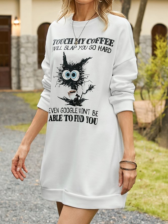 Cat And Coffee Crew Neck Casual Loose Dress