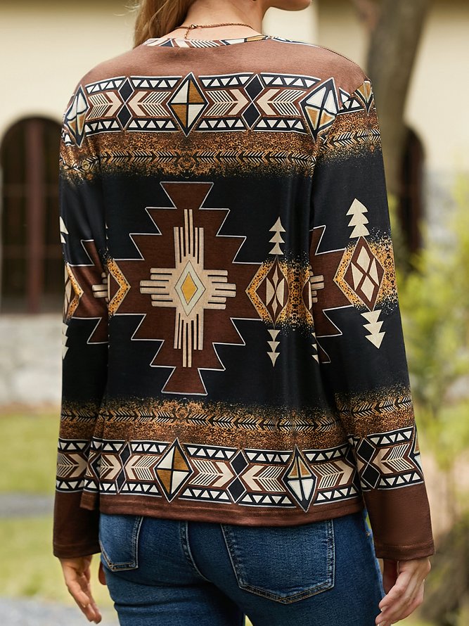 Western Ethnic Print Crew Neck Long Sleeve T-Shirt