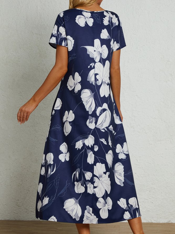 Cotton Blends Floral Loosen Short Sleeve Woven Dress