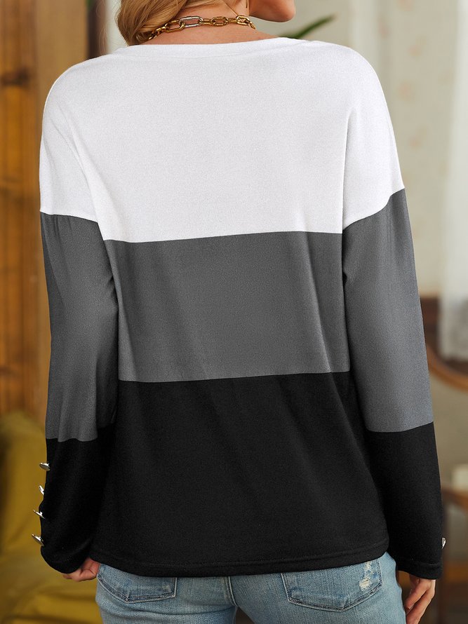 Casual Contrast V-Neck Loose Long Sleeve Pullover Top