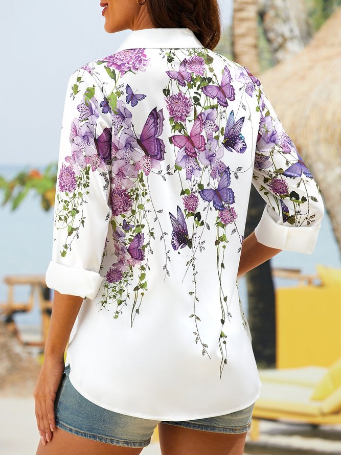 Shirt Collar Casual 3/4 Sleeve Floral Blouse