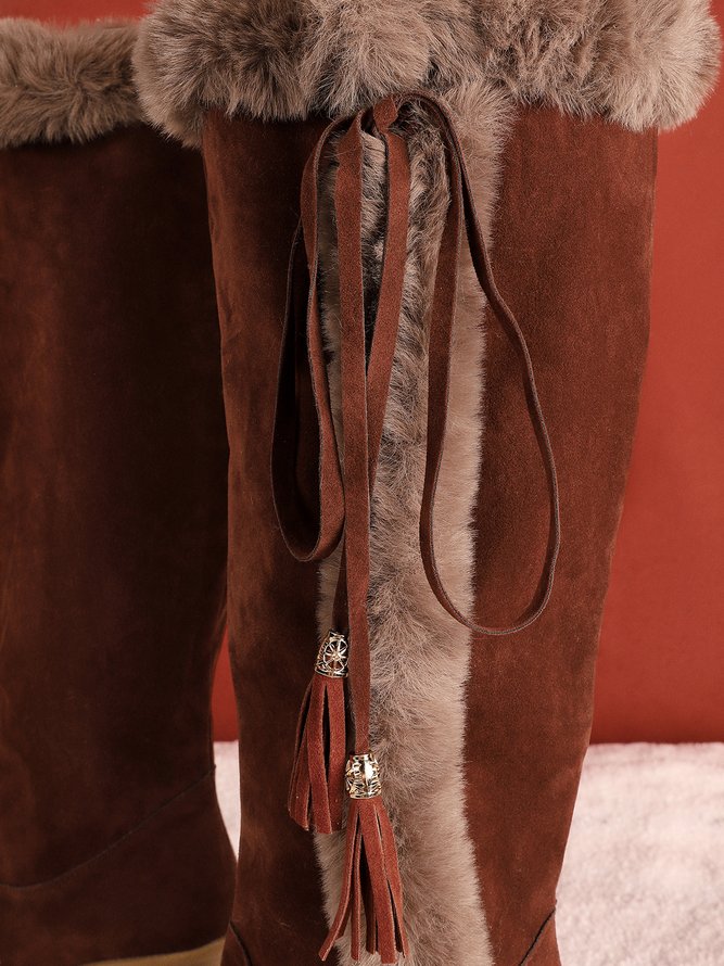 Women Plus Size Vintage Fringe Plush Warm Wedge Heel Block Heel Snow Boots