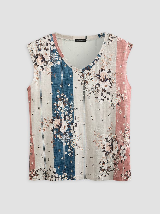 JFN Floral Casual Vacation Regular Fit V Neck Knit Tank & Cami