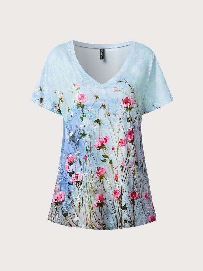 JFN V Neck Casual Floral Summer Daily T-shirt