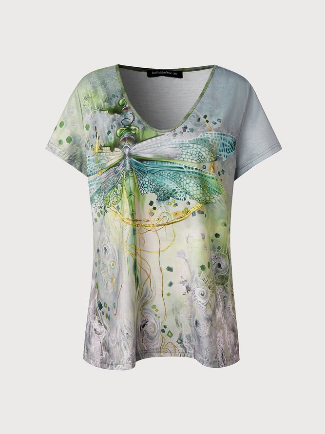 Casual Dragonfly Print Short Sleeve Loose Knit T-Shirt