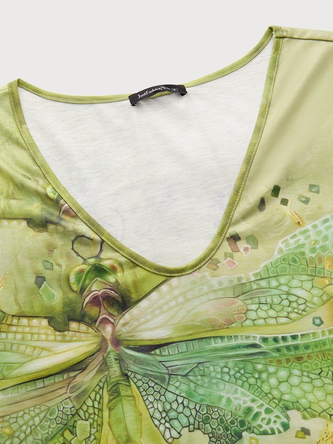 Casual Dragonfly Print Short Sleeve Loose Knit T-Shirt