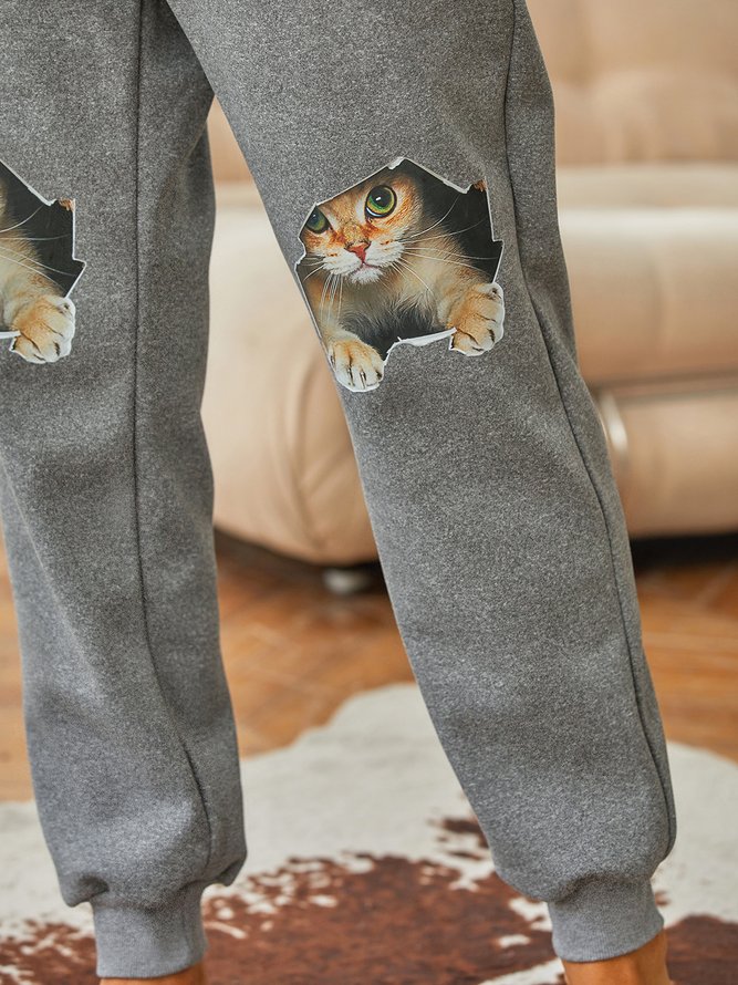 Funny Cat Fleece Elastic Waist Casual Pants