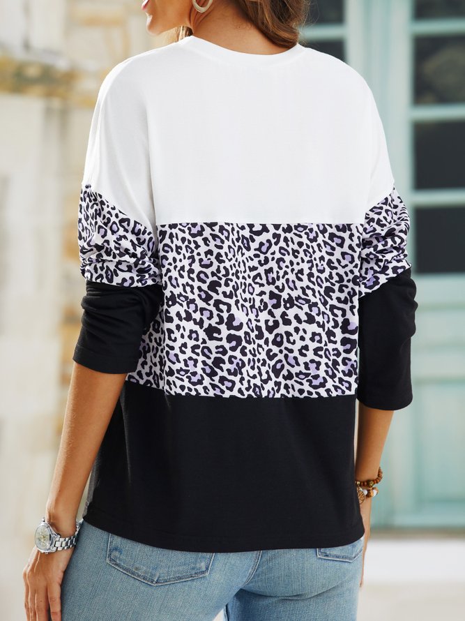 Leopard Color Block Long Sleeve Casual Regular Fit T-Shirt