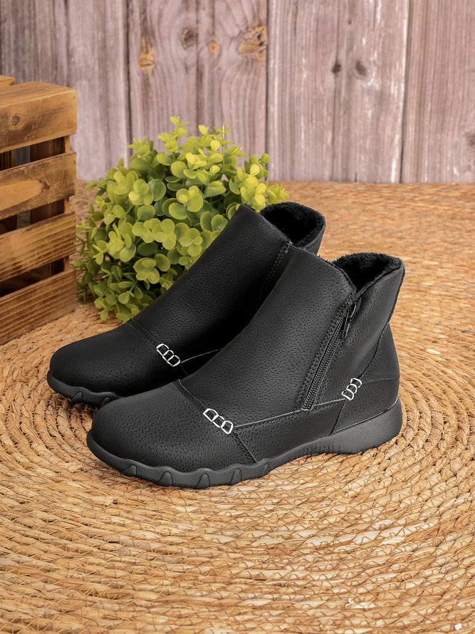 JFN Women Christmas Faux Leather Panel Zip Round Toe Fleece Soft Ankle Ankle Boots  