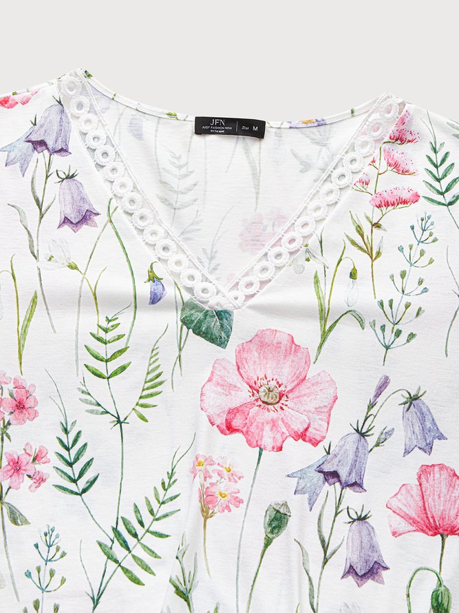 Lace V Neck Casual Floral Loose T-Shirt