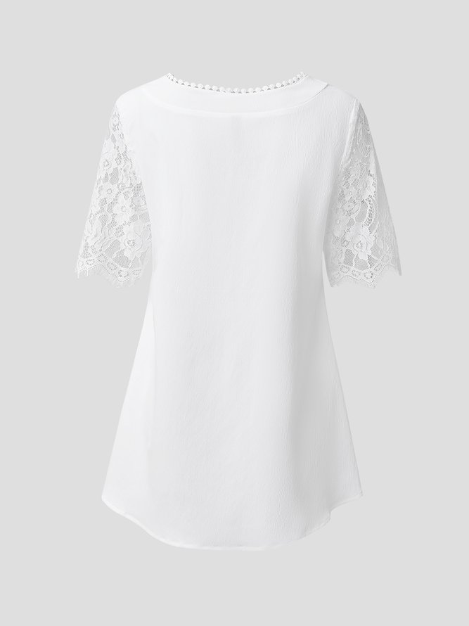 JFN Square Neck White Lace Patchwork Daily Sweetheart Neckline Tunic Blouse Dressy Tunic Top