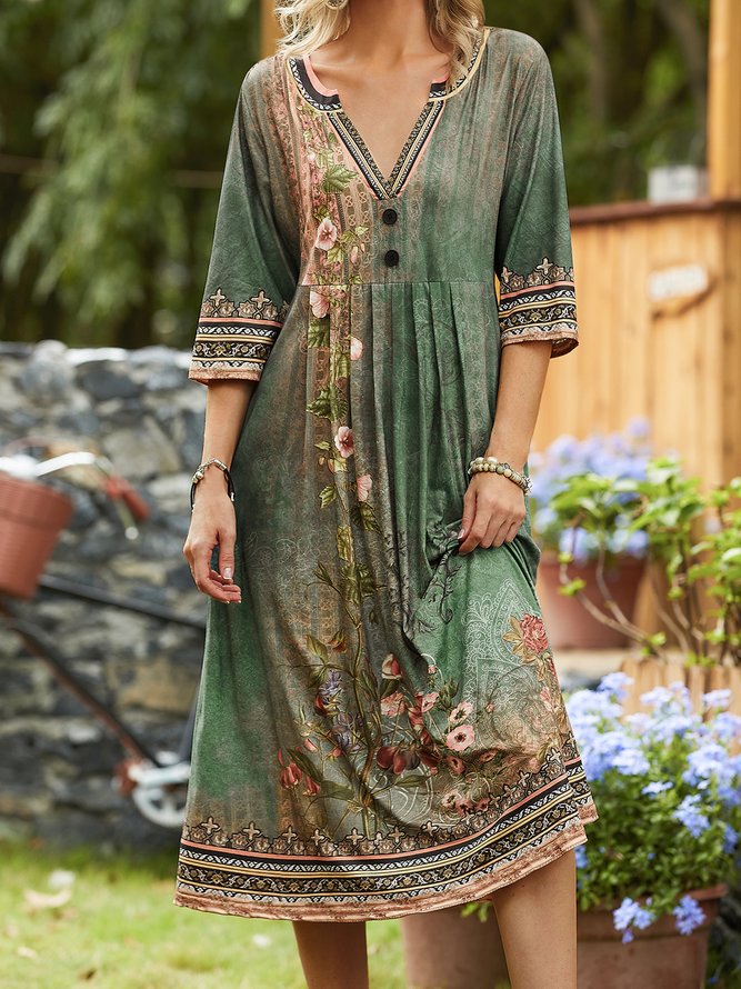 Floral  V Neck Casual Jersey Dress