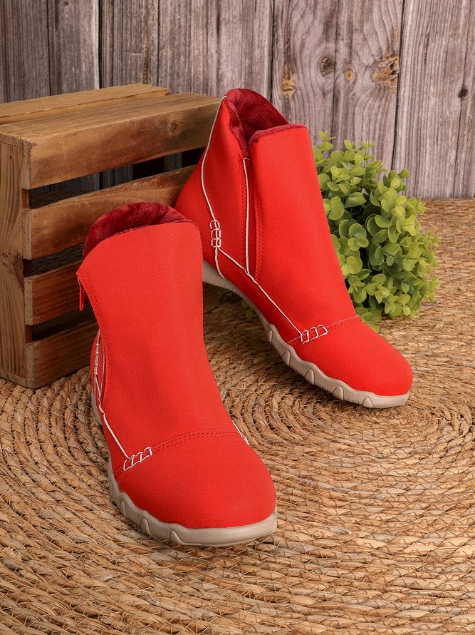 JFN Women Christmas Faux Leather Panel Zip Round Toe Fleece Soft Ankle Ankle Boots  