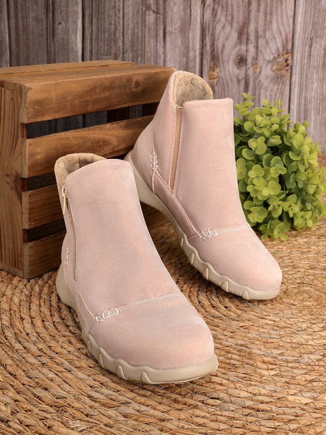 JFN Women Christmas Faux Leather Panel Zip Round Toe Fleece Soft Ankle Ankle Boots  