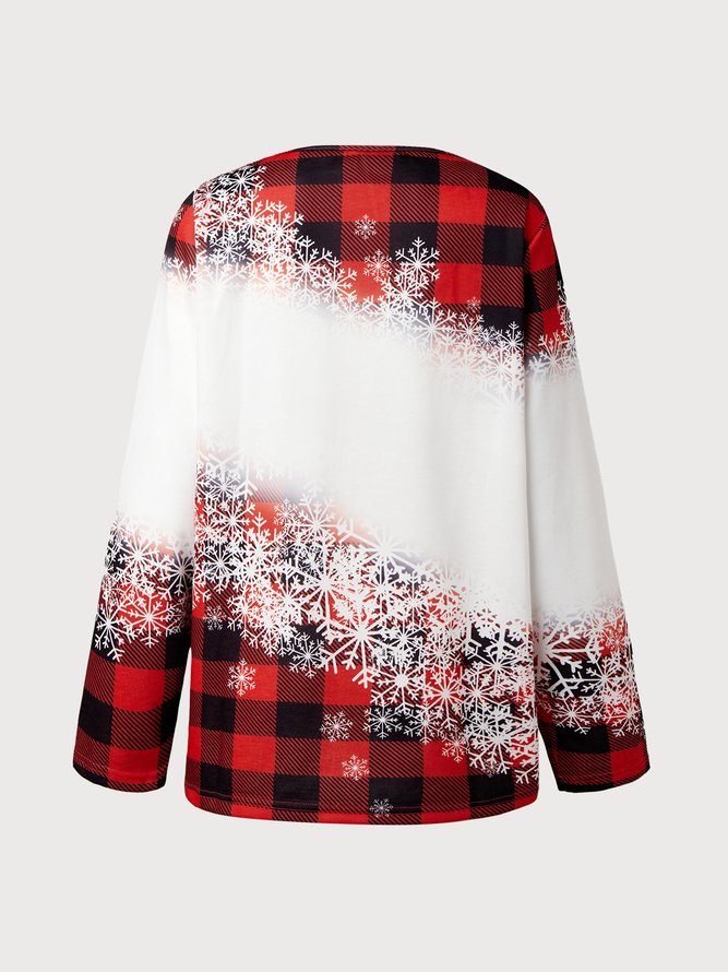 Women's Red Plaid V Neck Sweatshirt Christmas Snowman Printed