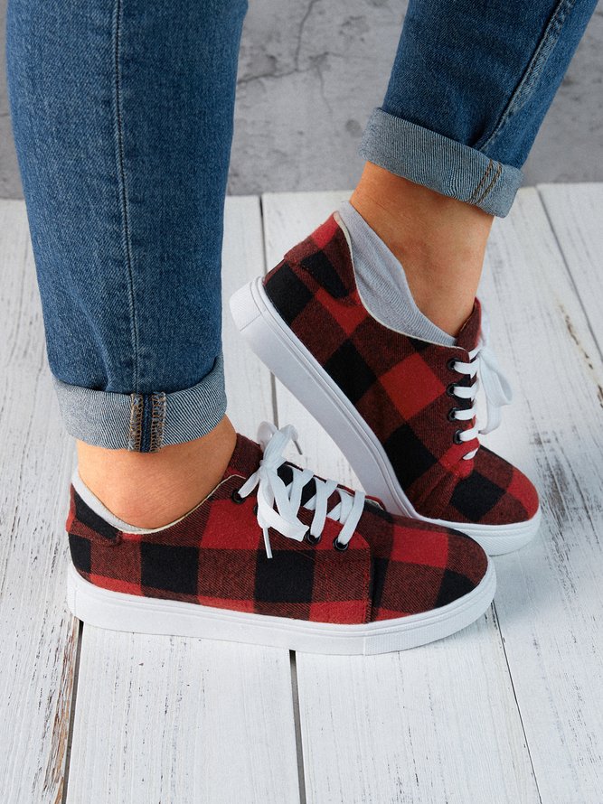 Christmas Red Plaid Black And White Plaid Leopard Casual Flat Shoes