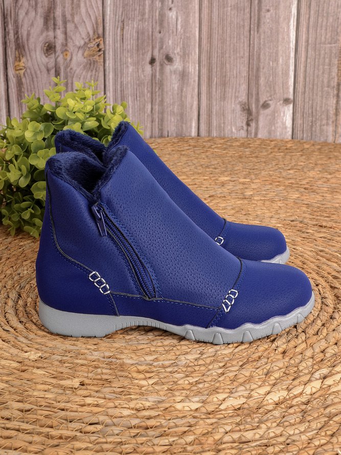 JFN Women Christmas Faux Leather Panel Zip Round Toe Fleece Soft Ankle Ankle Boots  