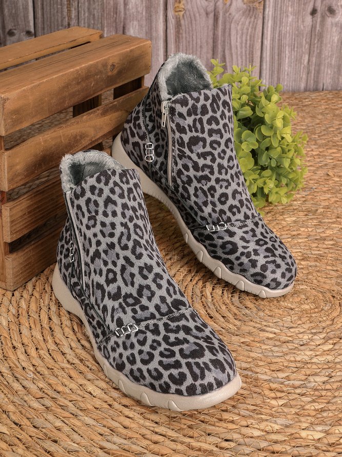 JFN Women Christmas Faux Leather Panel Zip Round Toe Fleece Soft Ankle Ankle Boots  