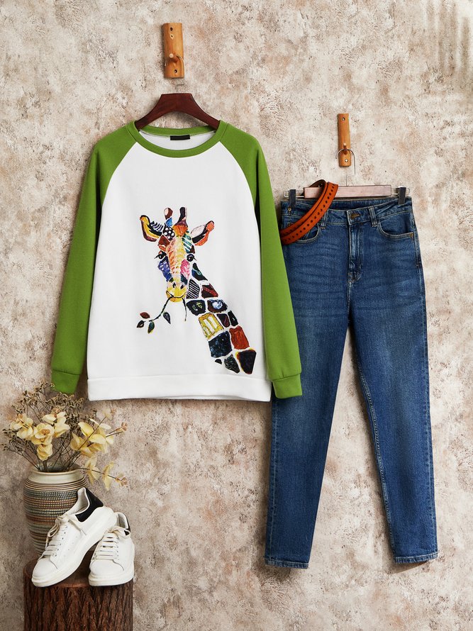 JFN women Crew Neck Giraffe print Casual loose fit Sweatshirt