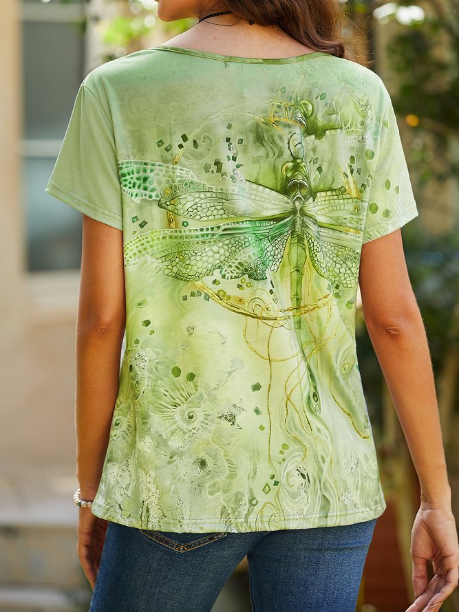 Casual Dragonfly Print Short Sleeve Loose Knit T-Shirt