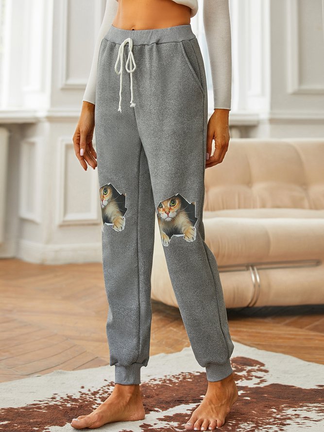 Funny Cat Fleece Elastic Waist Casual Pants