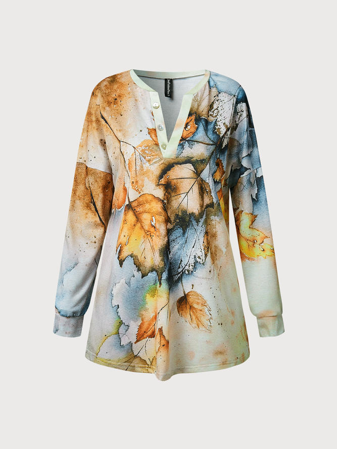 JFN V Neck Casual Cotton-Blend Maple Leaf Print Buttoned Sweatshirt