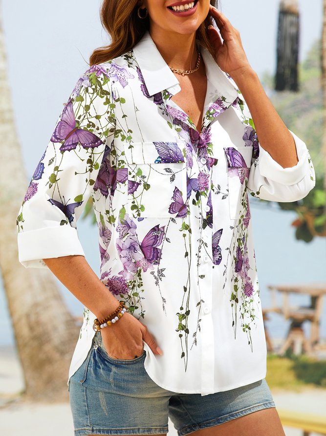 Shirt Collar Casual 3/4 Sleeve Floral Blouse