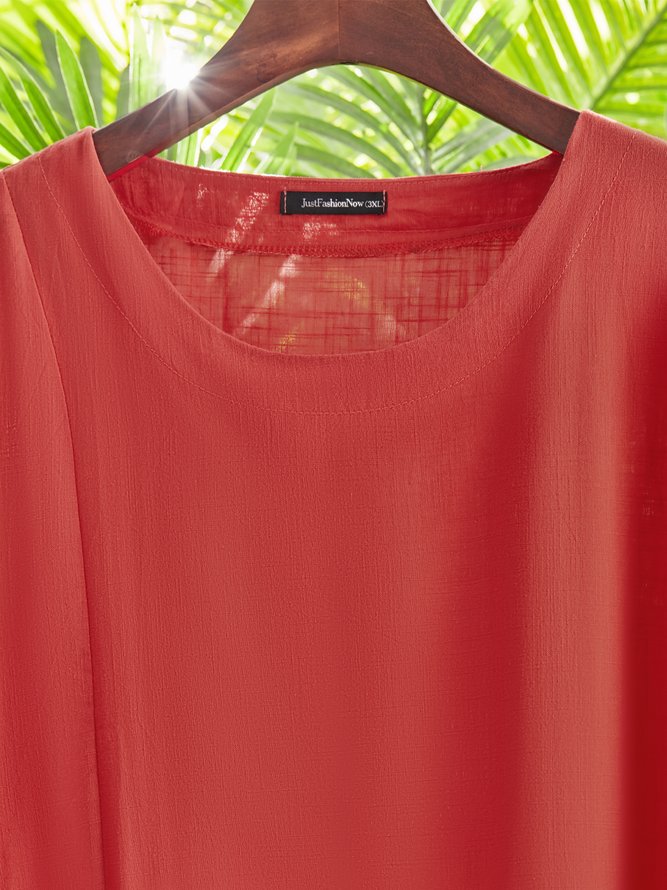 Linen Crew Neck Half Sleeve Solid Shirt & Blouses
