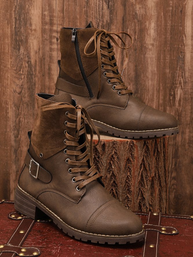 Retro Stitching Lace-up Zipper Boots