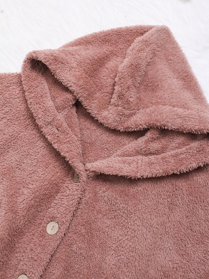 Cozy Long Sleeve Fleece Hooded Fuzzy Asymmetrical Hem Button Teddy Bear