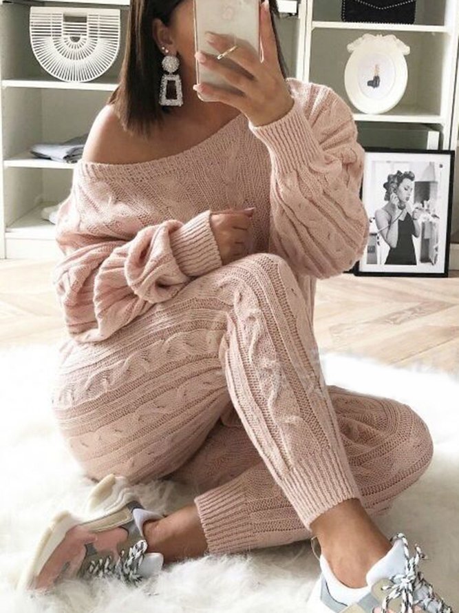 2018 Women's Stylish Round Neck Two Piece Casual Warm Knit Wear Suit Sets