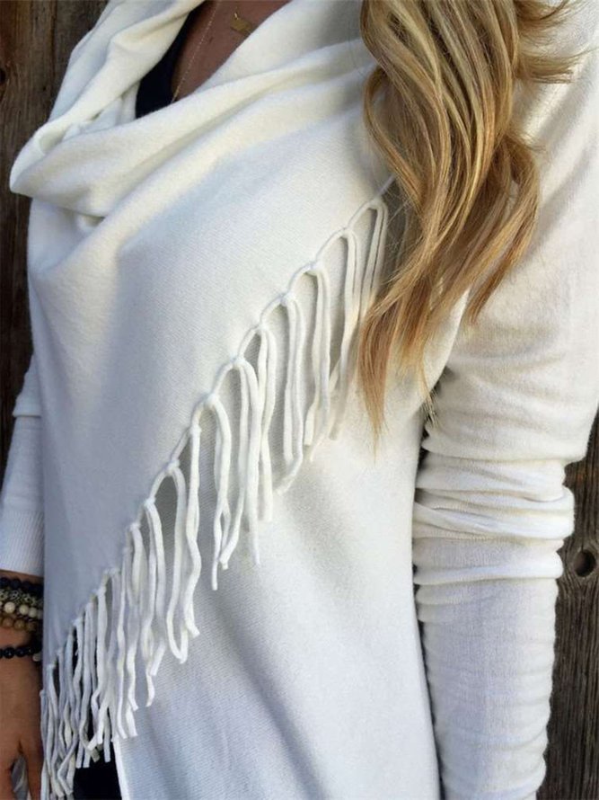 Knitted Long Sleeve Asymmetrical Fringed Sweater