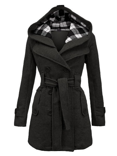 Double breasted slim hoodie solid casual long pea coat with belt Clearance