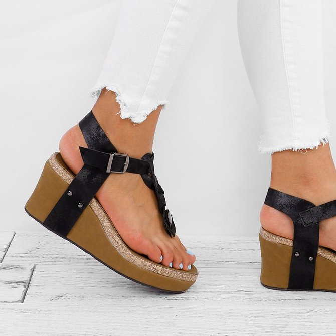 Women Large Size Adjustable Buckle Wedge Casual Sandals | justfashionnow