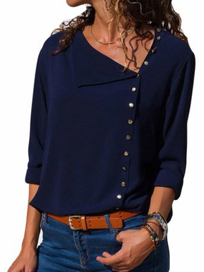 Casual Solid Half Sleeve Buttoned Shawl Collar Blouse | justfashionnow
