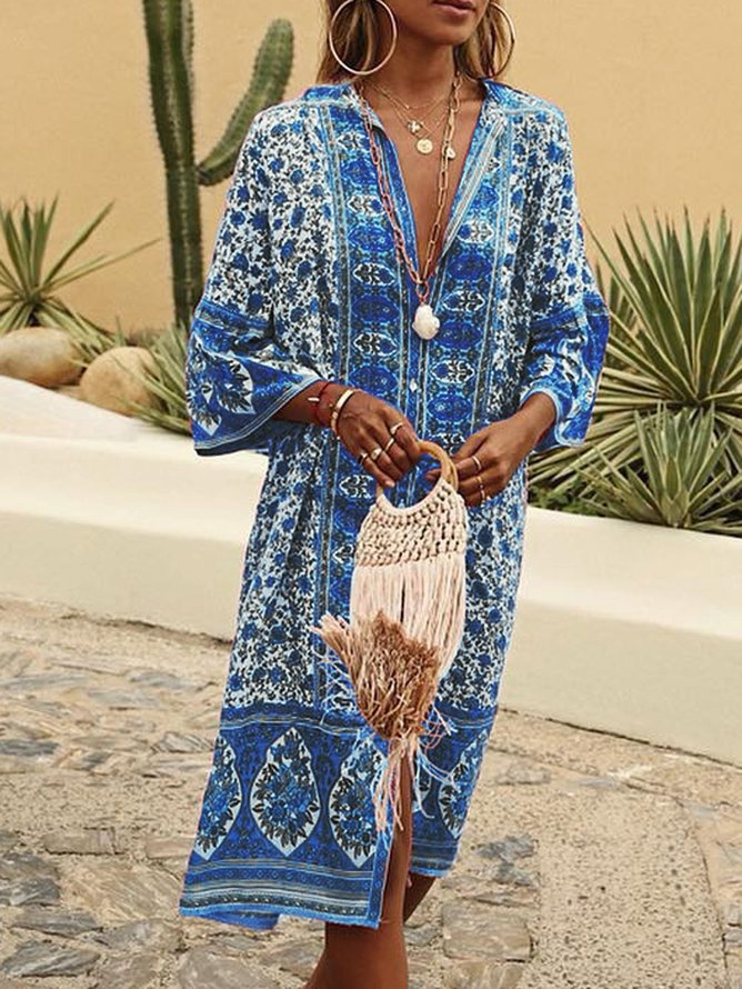 V Neck Women Summer Weaving Dress Shift Floral-Print Floral Weaving Dress
