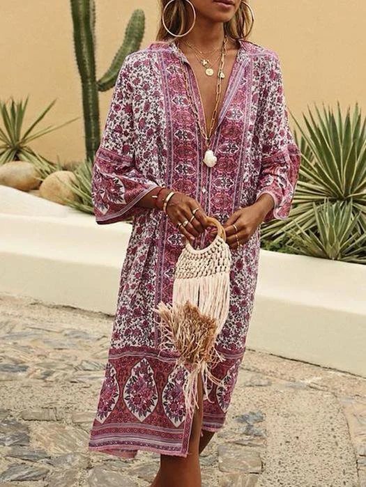 V Neck Women Summer Weaving Dress Shift Floral-Print Floral Weaving Dress