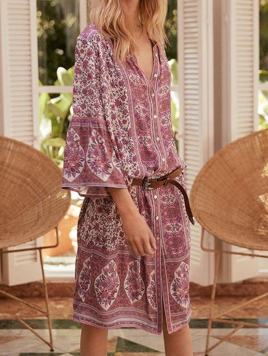 V Neck Women Summer Weaving Dress Shift Floral-Print Floral Weaving Dress