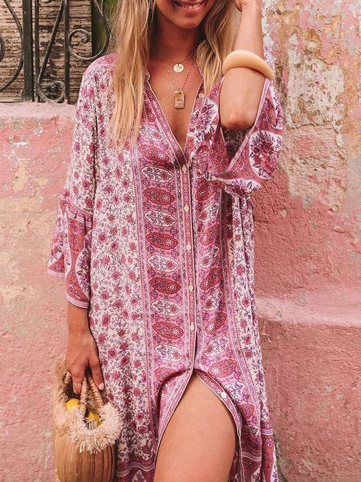 V Neck Women Summer Weaving Dress Shift Floral-Print Floral Weaving Dress