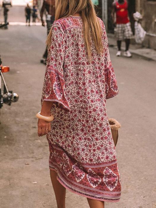 V Neck Women Summer Weaving Dress Shift Floral-Print Floral Weaving Dress