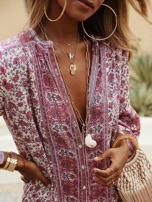 V Neck Women Summer Weaving Dress Shift Floral-Print Floral Weaving Dress