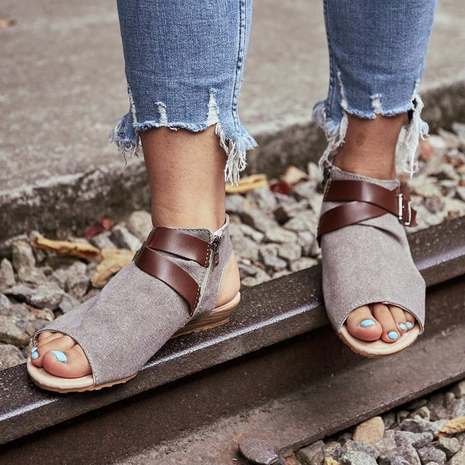 Women Plus Size Denim Cloth Adjustable Buckle Sandals