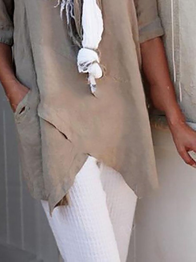 Linen Crew Neck Half Sleeve Solid Shirt & Blouses