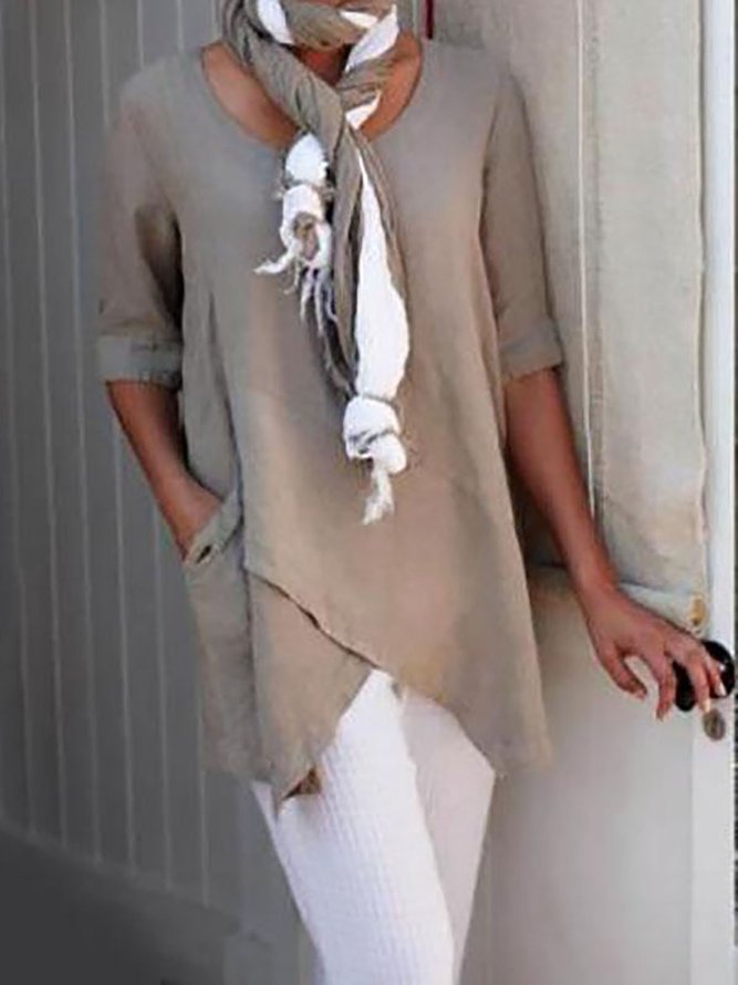 Linen Crew Neck Half Sleeve Solid Shirt & Blouses