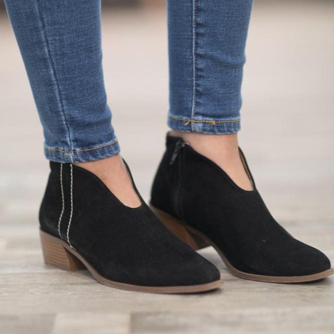 Women Deep V Sexy Booties Casual Comfort Zipper Shoes