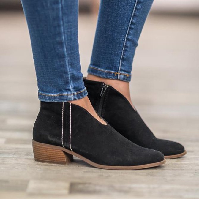 Women Deep V Sexy Booties Casual Comfort Zipper Shoes