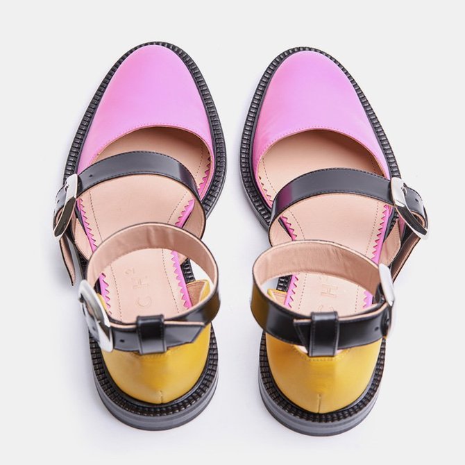 2019 Fashion Trends Low Heel Pink Color block Buckle Flats