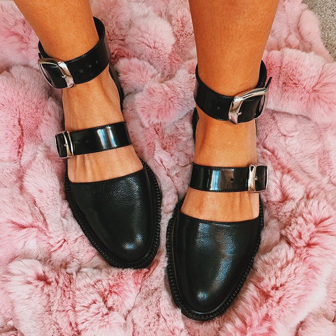 2019 Fashion Trends Low Heel Pink Color block Buckle Flats