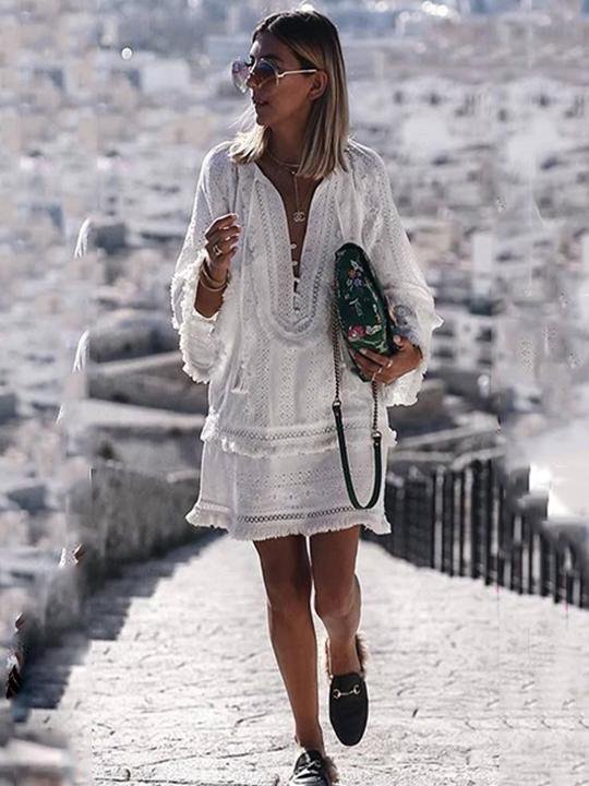 V Neck Women Summer Dresses Shift Beach Casual Solid Dresses