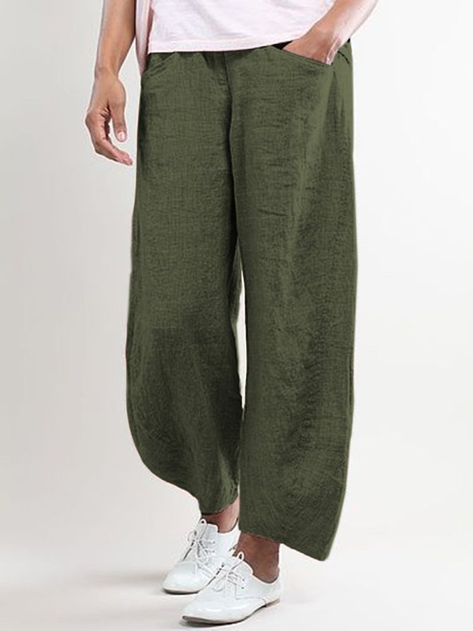 Women Casual Wide Leg Shift Cotton Pockets Solid Pants
